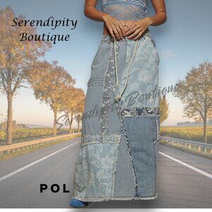 POL Boho 90s Grunge Era Mixed Denim Floral Up Cycle Style Maxi Blue Jean Skirt